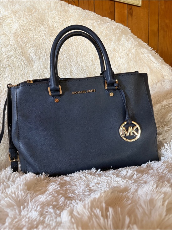 Michael Kors Handbags - Michael Kors Navy Saffiano Leather Satchel with Gold Hardware